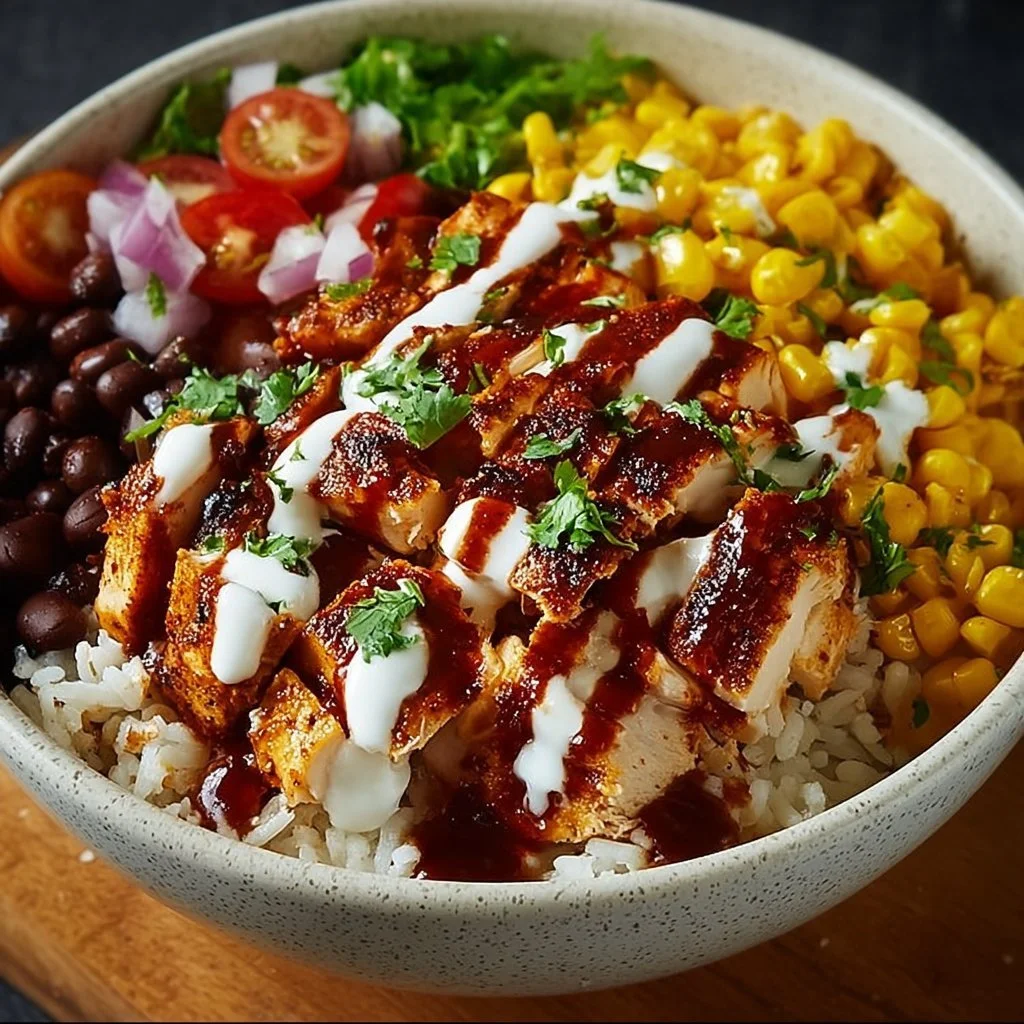 High Protein BBQ Ranch Chicken Bowl with grilled chicken and ranch dressing