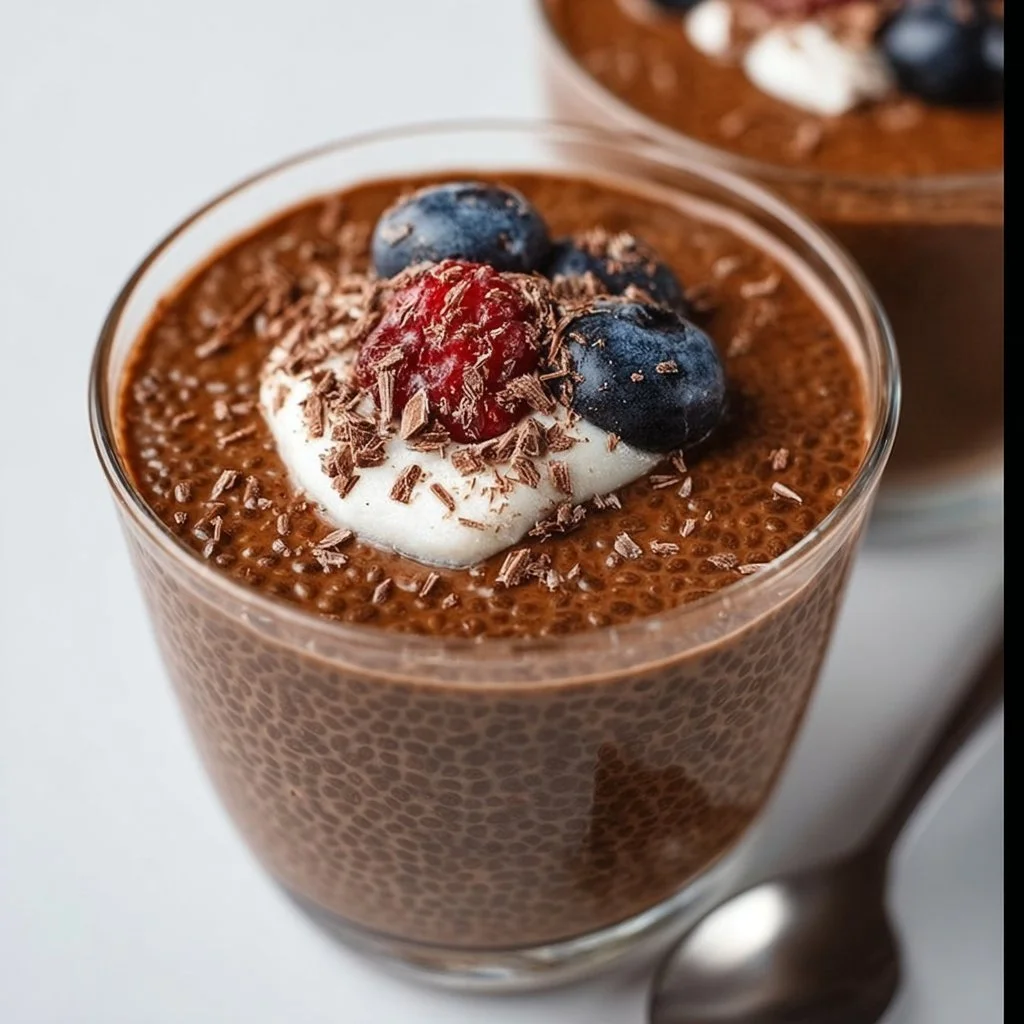 High protein chocolate chia seed pudding served in a bowl