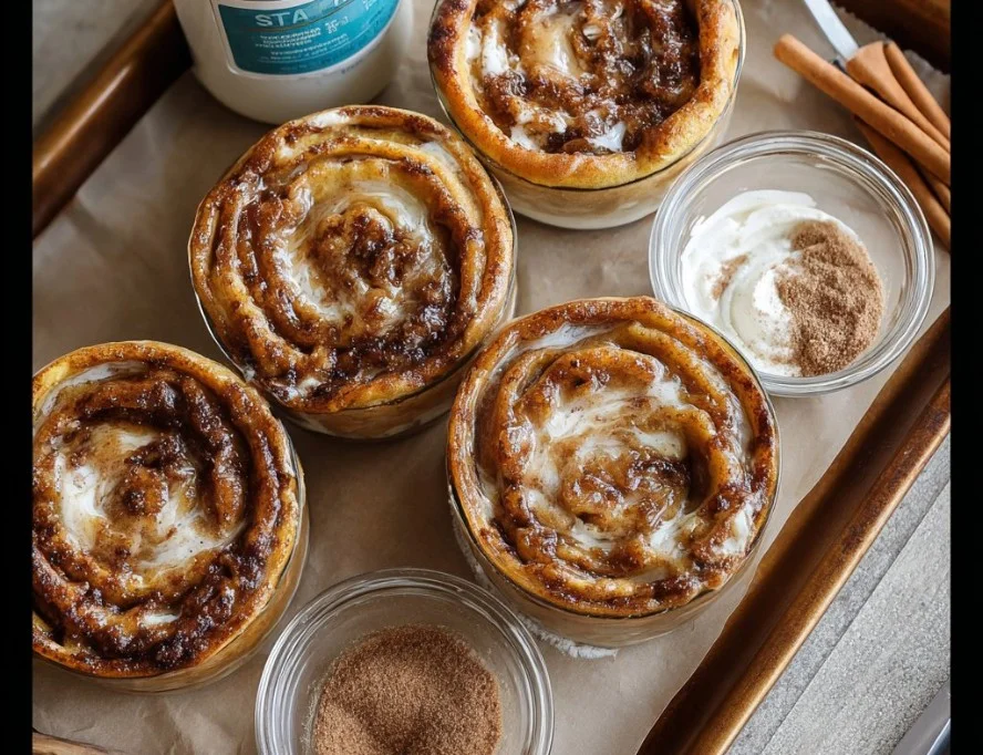High-protein cinnamon roll pancake bowls topped with icing and cinnamon