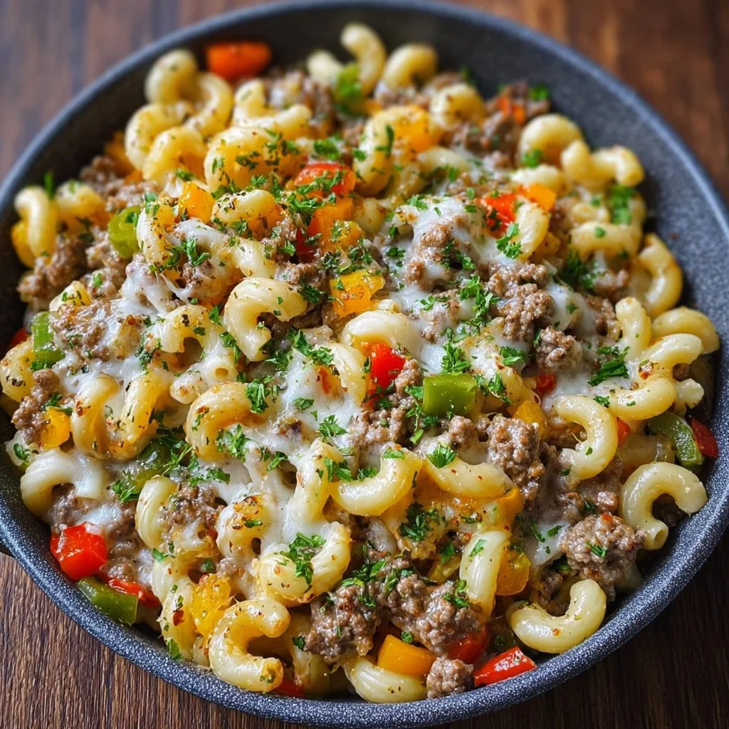 Creamy Philly cheesesteak mac and cheese topped with steak and cheese