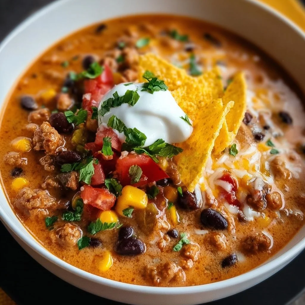 High Protein Creamy Taco Soup in a bowl topped with fresh cilantro and cheese