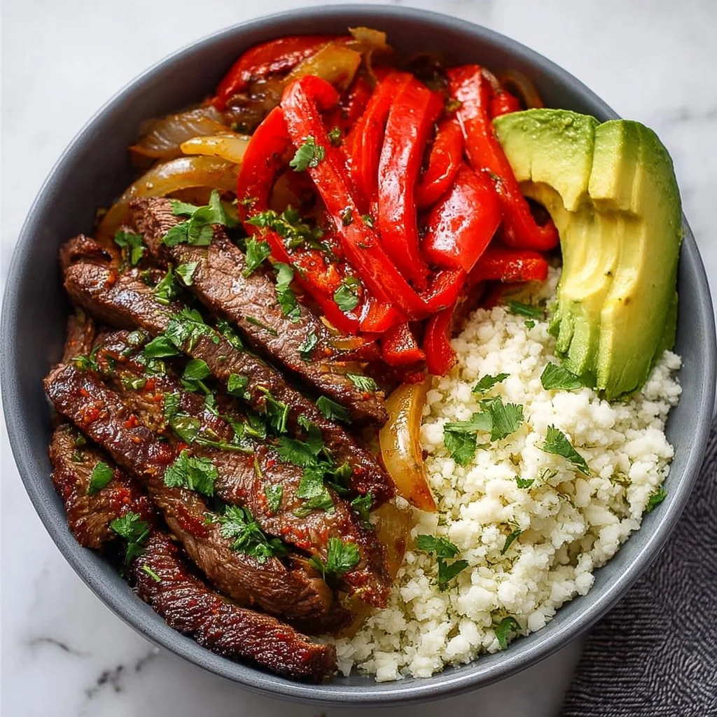 High Protein Steak Fajita Bowl with colorful peppers and grilled steak