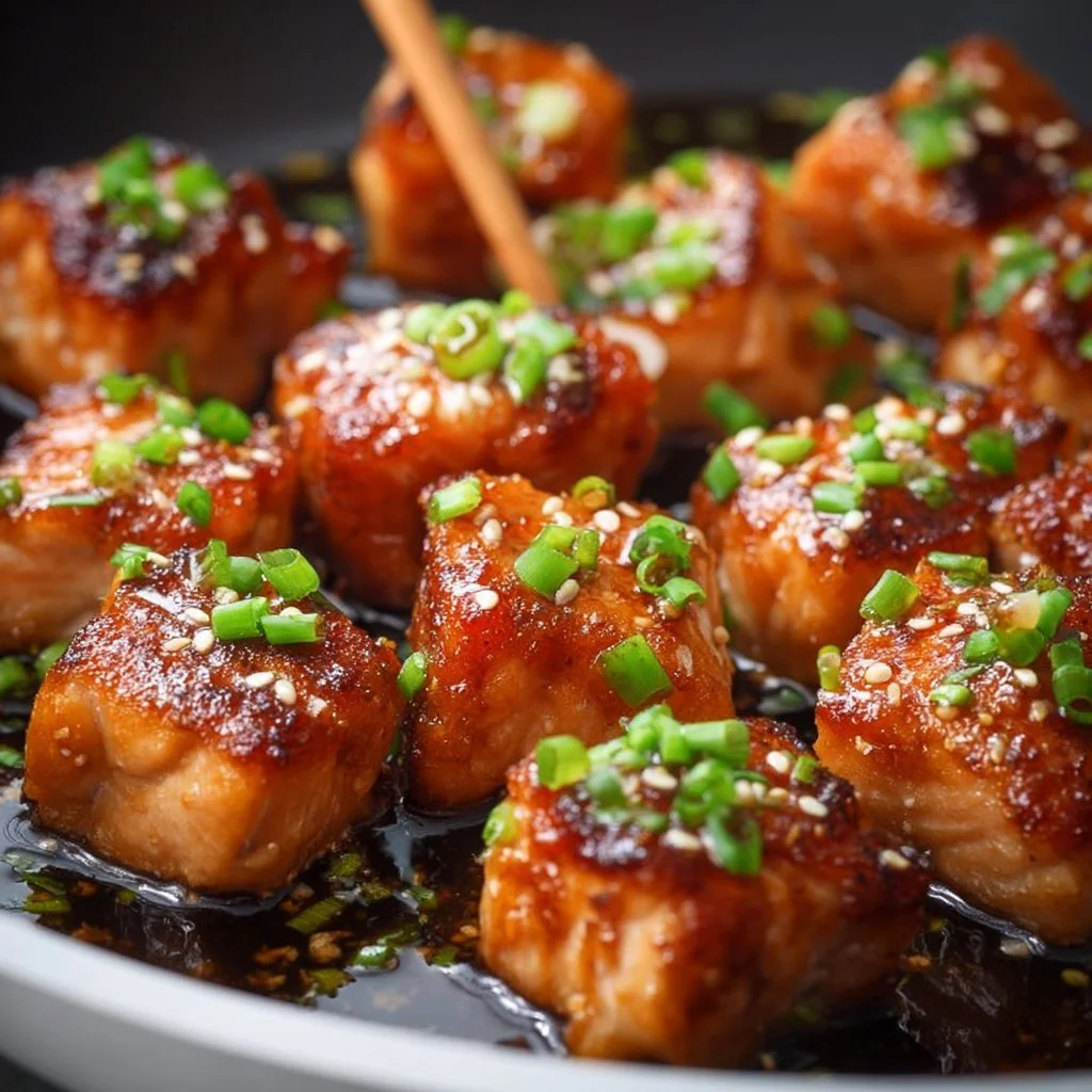 Honey Garlic Salmon Bites served on a plate
