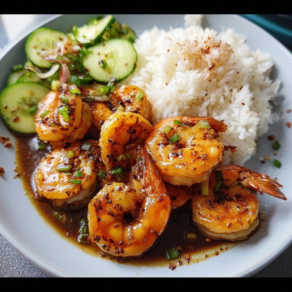 Delicious plate of Honey Garlic Shrimp garnished with green onions