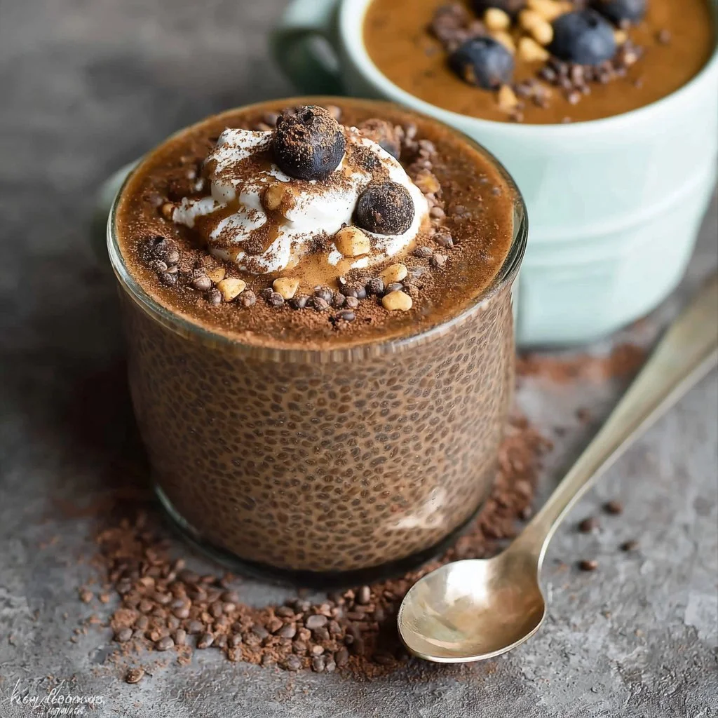 Protein mocha chia pudding topped with chocolate and coffee flavors