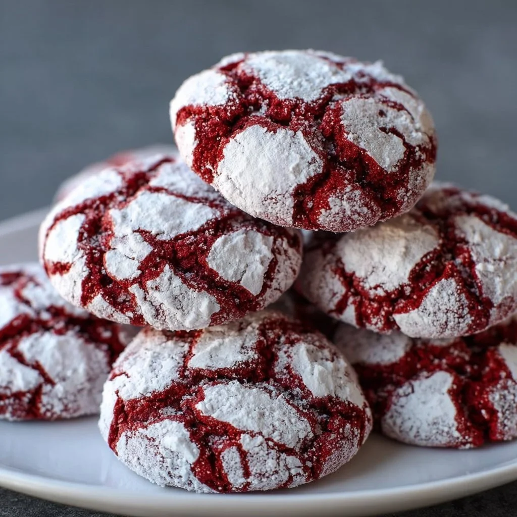 Delicious red velvet crinkle cookies with a dusting of powdered sugar.