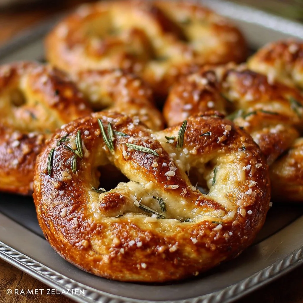 Freshly baked Rosemary Parmesan Mozzarella Pretzels garnished with herbs