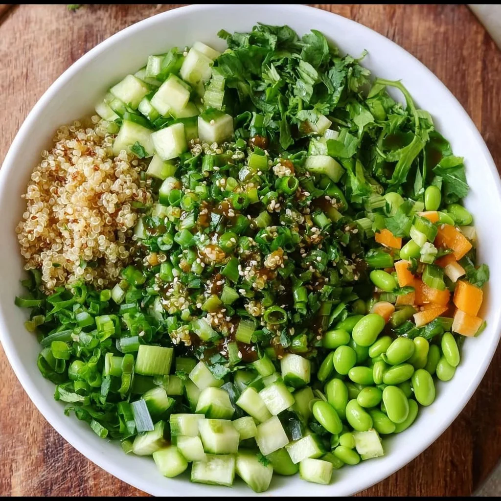 Fresh salad drizzled with flavorful Asian dressing, garnished with vegetables.