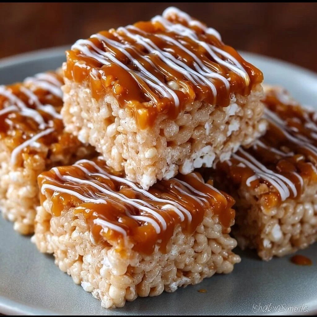 Delicious salted caramel rice krispies treats served on a plate.