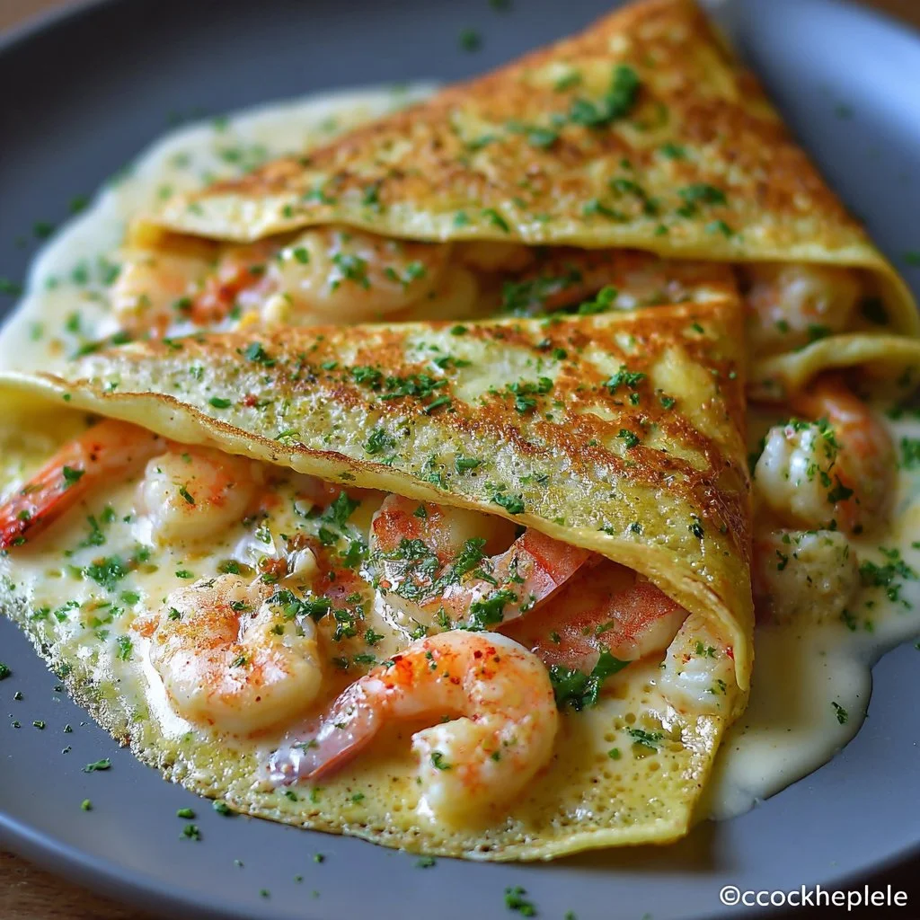 Seafood crepes filled with shrimp and crab, topped with béchamel sauce