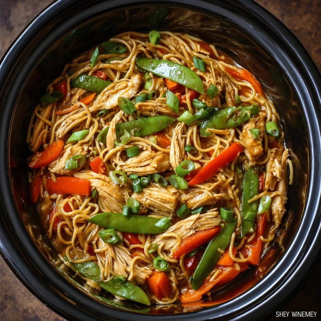 Slow Cooker Chicken Lo Mein with tender chicken and colorful vegetables