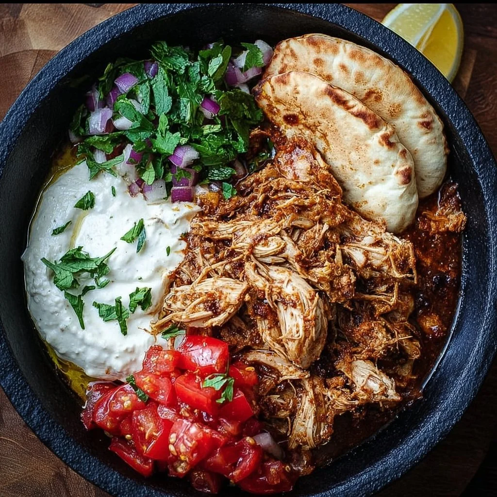 Delicious slow cooker chicken shawarma served with fresh vegetables