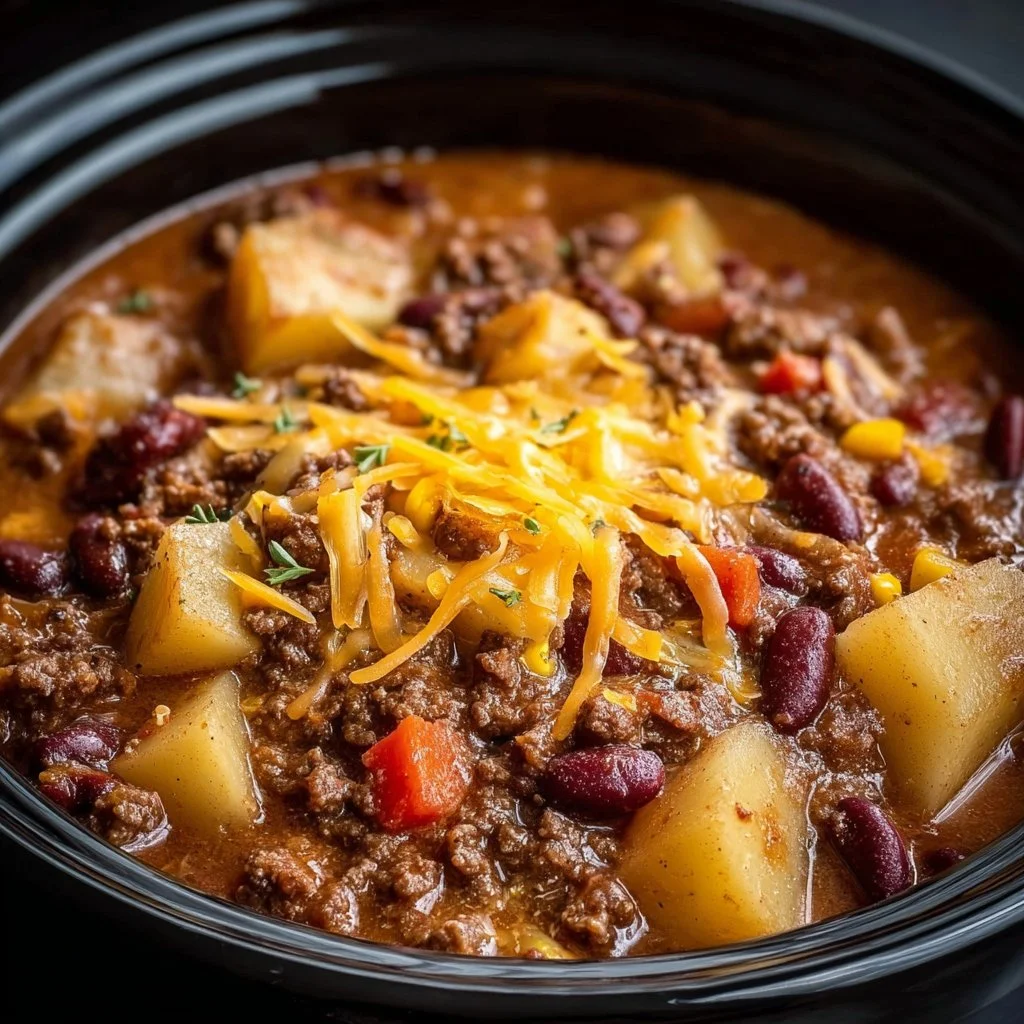 Slow Cooker Cowboy Casserole in a rustic bowl with toppings
