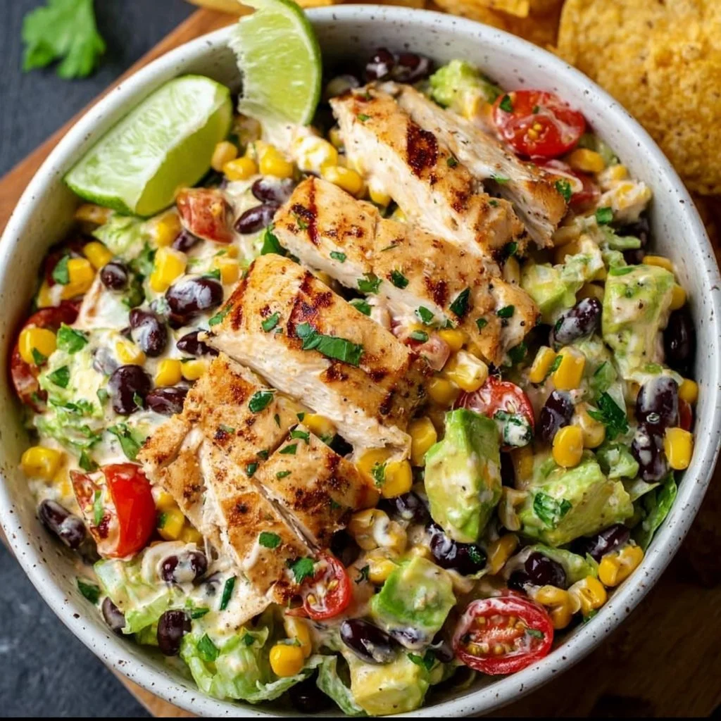Southwest Chicken Salad with grilled chicken, corn, black beans, and fresh vegetables