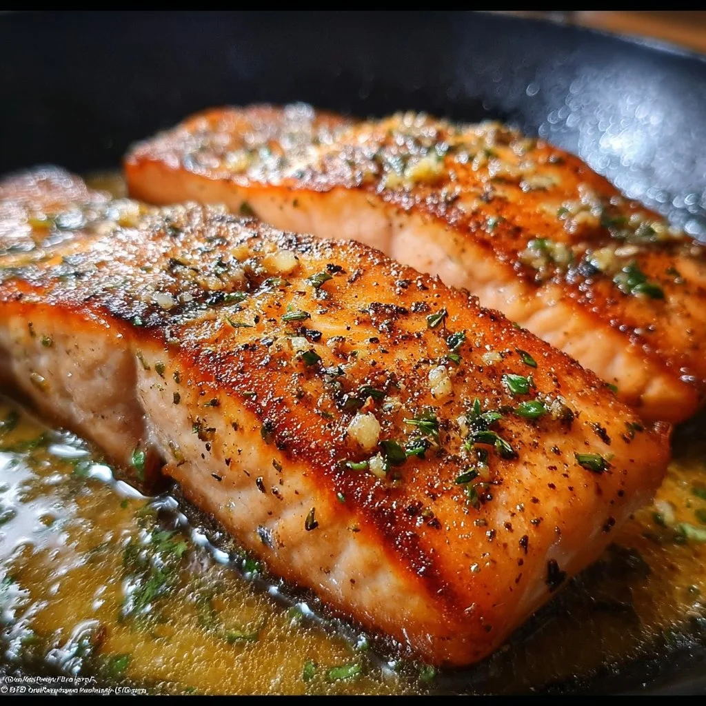 Perfectly cooked pan seared salmon fillet with a crispy crust on a plate