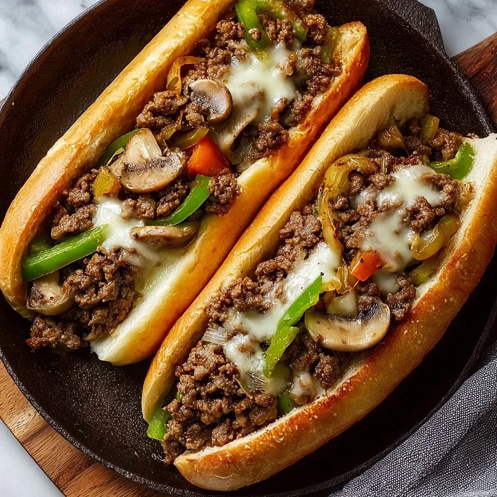 Ultimate Ground Beef Philly Cheesesteak served with cheese and toppings