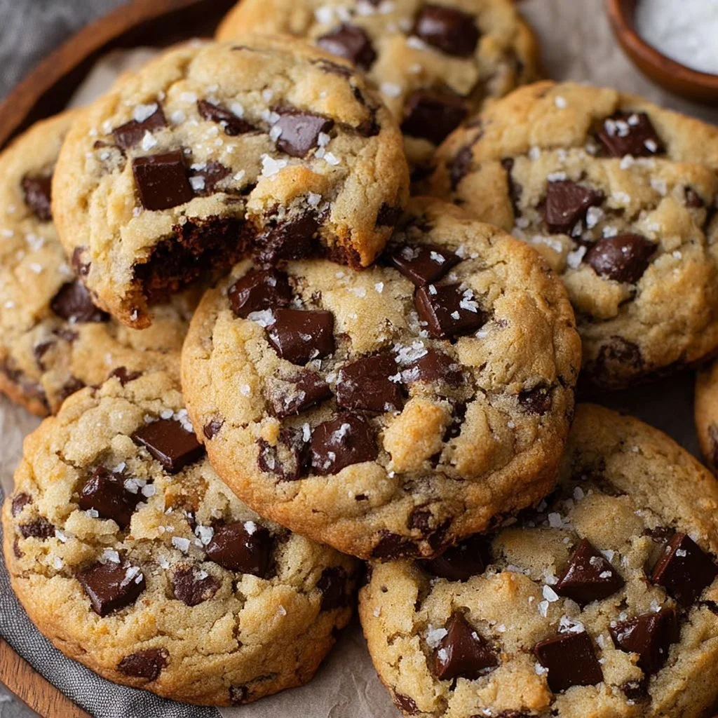 Ultra thick bakery style chocolate chip cookies stacked on a plate