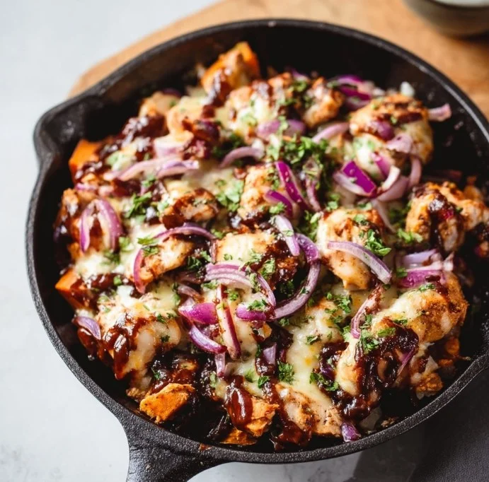 Delicious BBQ chicken served on a bed of sweet potato, perfect for healthy dinners.
