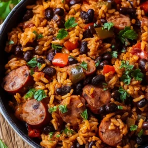 One pot black beans and rice with smoked sausage plated and ready to serve