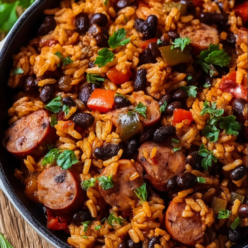 One pot black beans and rice with smoked sausage plated and ready to serve