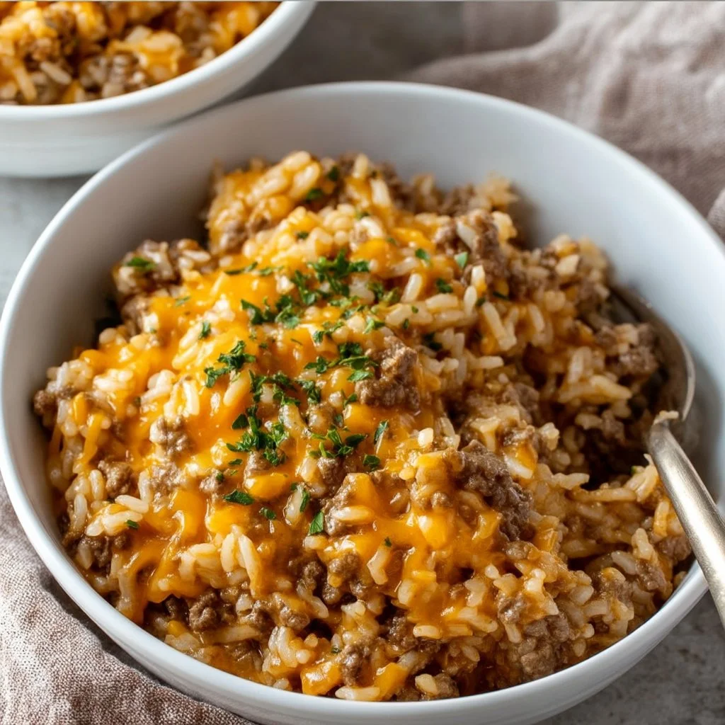 Cheesy ground beef casserole dish served for a quick family dinner