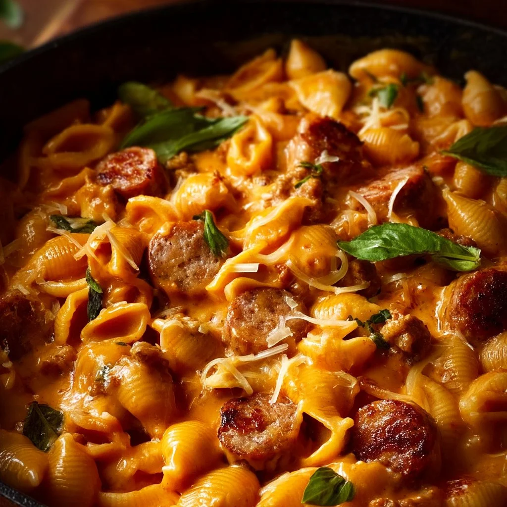 Cheesy Sausage Pasta served in a bowl with herbs and cheese on top