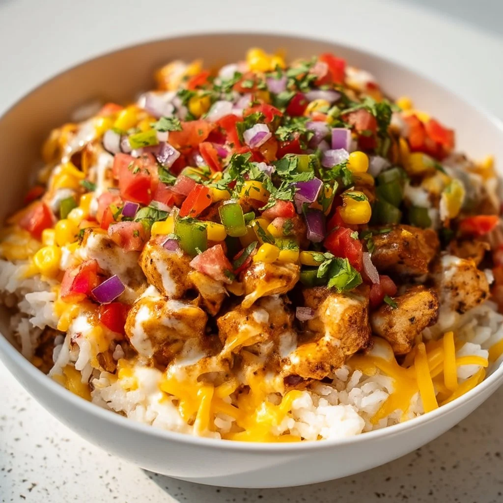 Cheesy Southwest Chicken Rice dish in a colorful bowl, ready to be served.