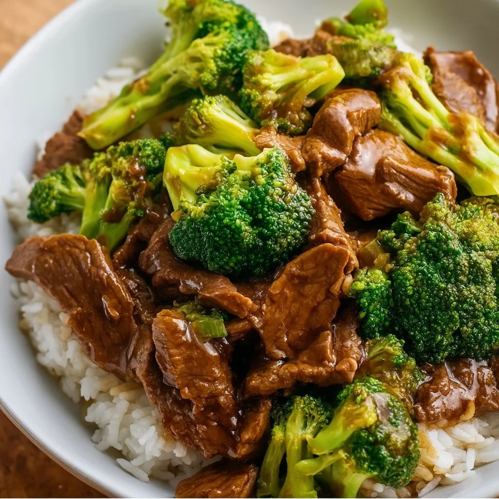 Delicious Chinese beef and broccoli recipe with savory sauce served on a plate.