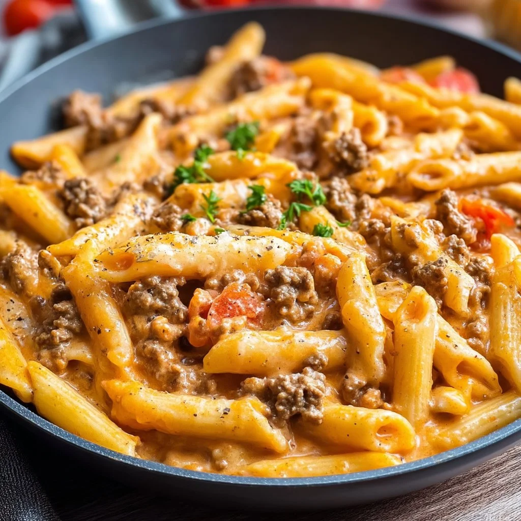 Creamy beef pasta dish made with ground beef for a quick weeknight meal.