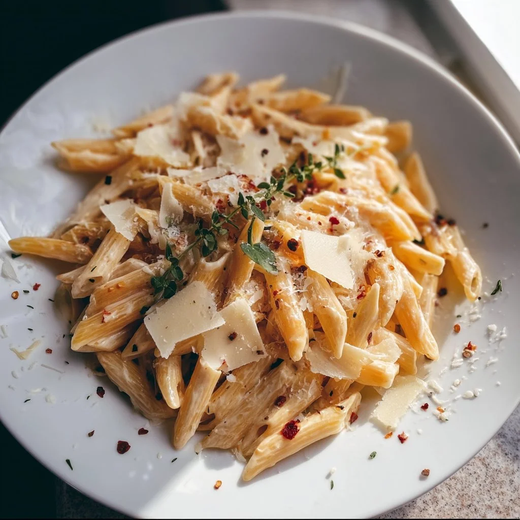 Bowl of creamy garlic pasta served with fresh herbs and parmesan cheese