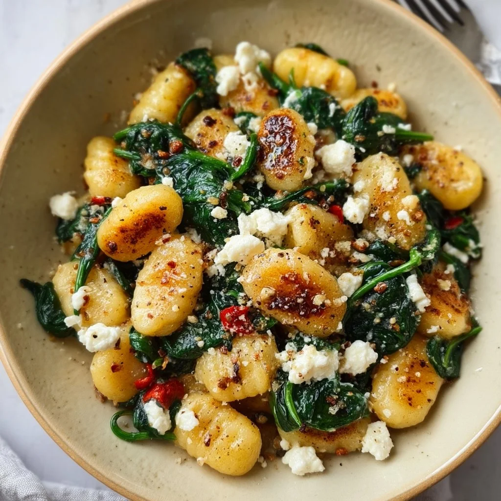 Creamy gnocchi dish with spinach and feta served on a plate