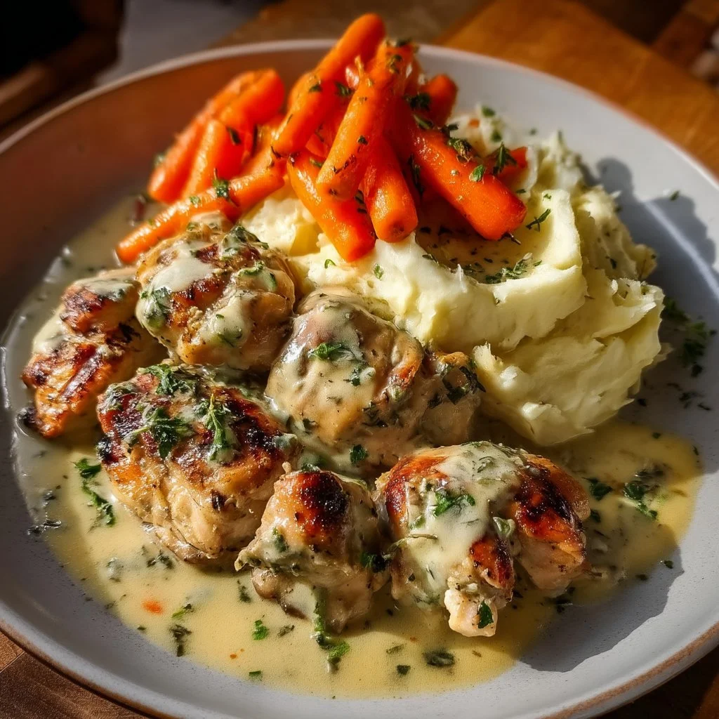 Creamy herb chicken served with mashed potatoes and glazed carrots