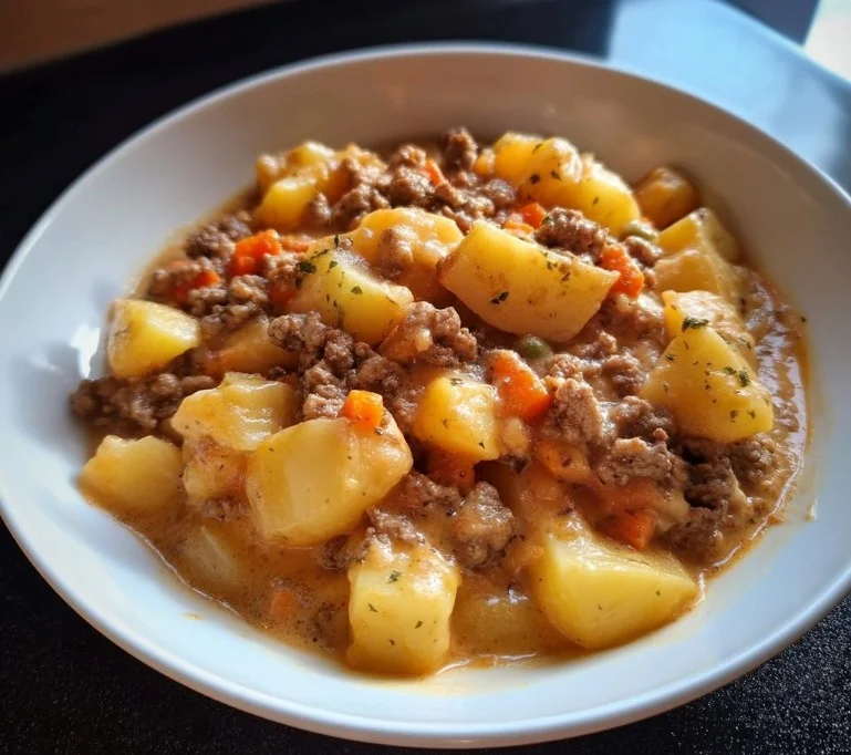 Creamy one-pan meat and potato skillet meal ready to serve