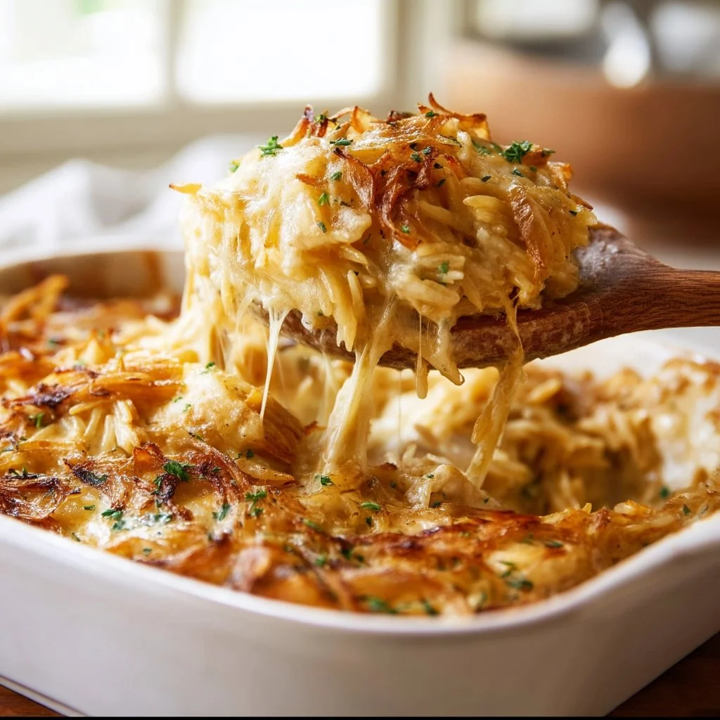 Delicious French Onion Chicken Orzo Casserole ready to serve