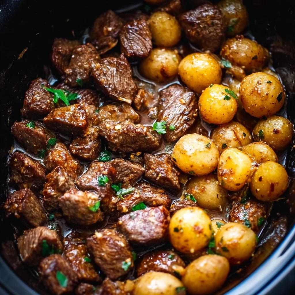 Delicious Garlic Butter Beef Bites served with potatoes for a quick dinner.