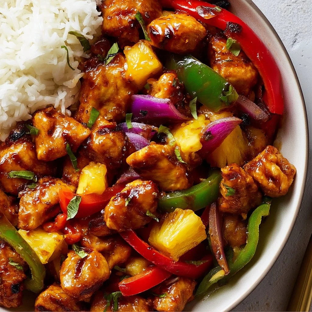 Hawaiian chicken sheet pan dinner with colorful vegetables.