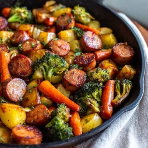 One-pan honey garlic kielbasa dish with vegetables for a quick and tasty meal