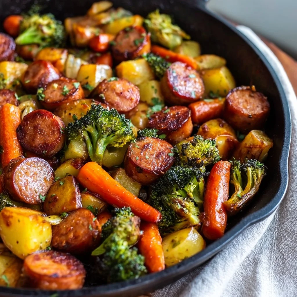 One-pan honey garlic kielbasa dish with vegetables for a quick and tasty meal