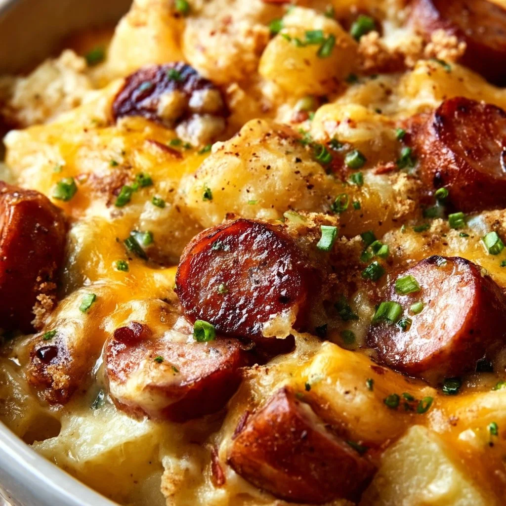 Kielbasa sausage with cheesy potato casserole in a baking dish