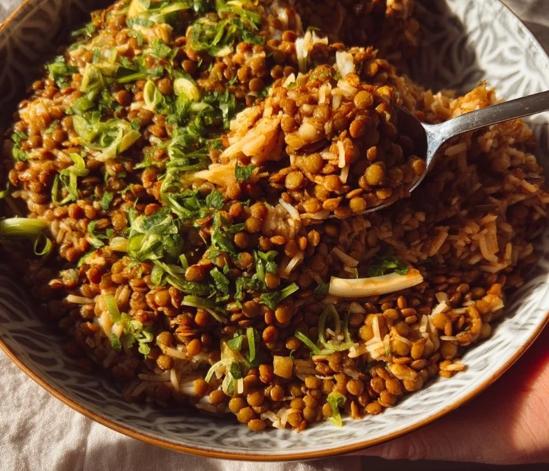 Mediterranean lentils and rice dish served in a colorful bowl