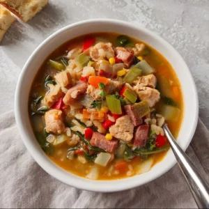 Delicious bowl of Cajun chicken barley vegetable soup for cozy dinners
