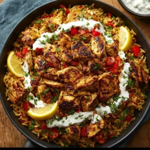 Delicious Chicken Shawarma served over fluffy rice with fresh vegetables