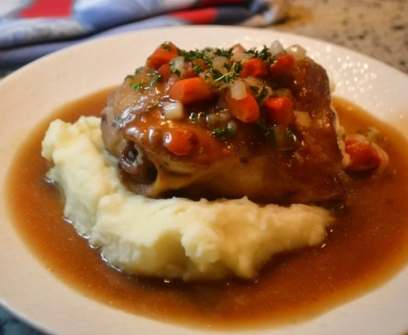 Delicious Chicken Thigh Osso Bucco served with creamy polenta and herbs