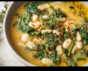 Bowl of creamy white bean soup with kale, perfect for cozy nights.