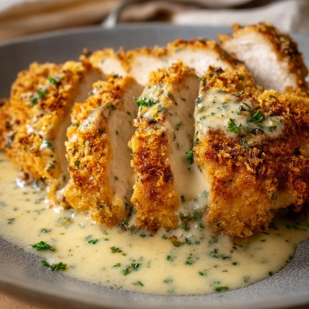 Crispy one-pan parmesan chicken with creamy garlic sauce on a plate