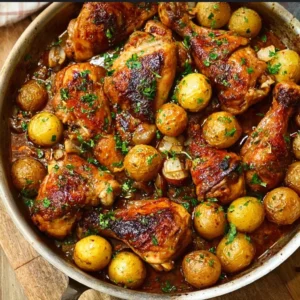 Delicious easy chicken and potatoes dish ready to serve on a plate