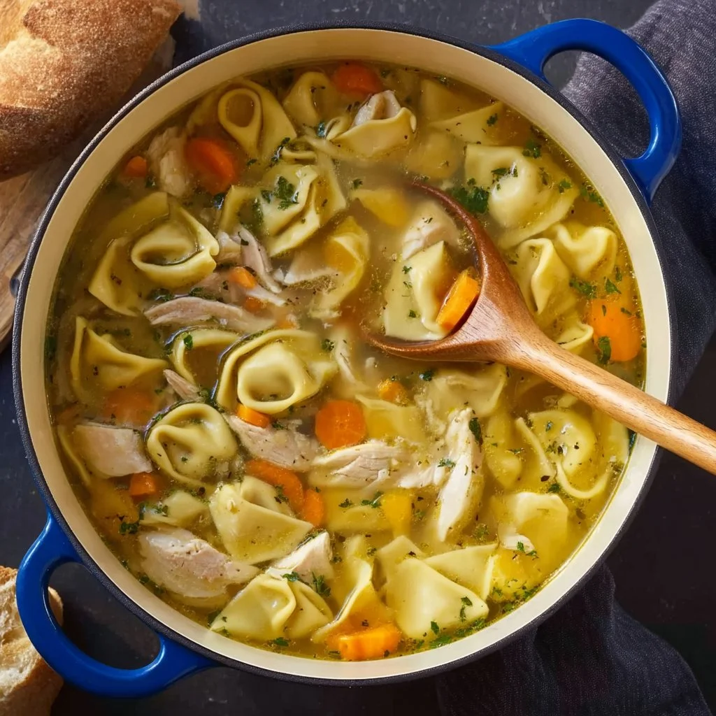 Bowl of easy chicken tortellini soup with fresh herbs and vegetables.