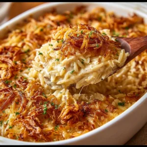 Delicious French Onion Chicken Orzo Casserole topped with melted cheese and herbs