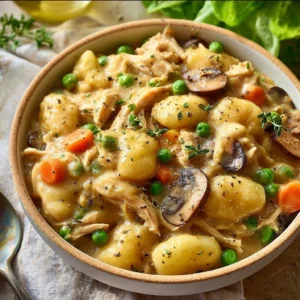 Gnocchi Chicken Pot Pie with vegetables in a golden crust