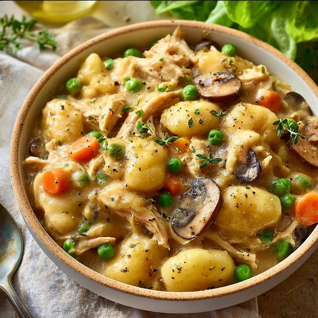 Gnocchi Chicken Pot Pie with vegetables in a golden crust